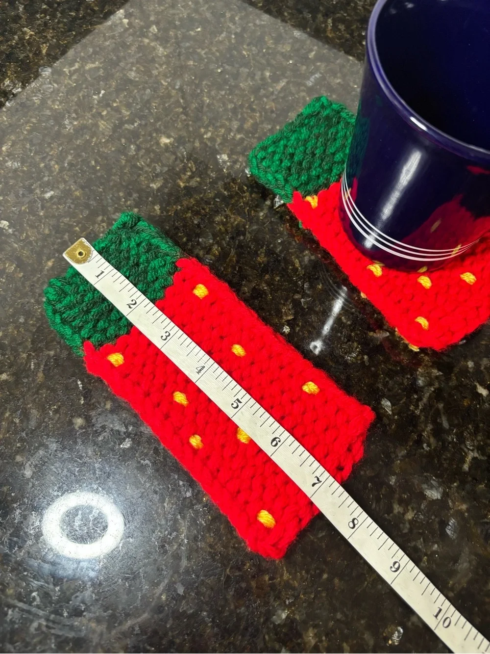 NWOT Set of Two Handknit Strawberry Mug Rug Cossters